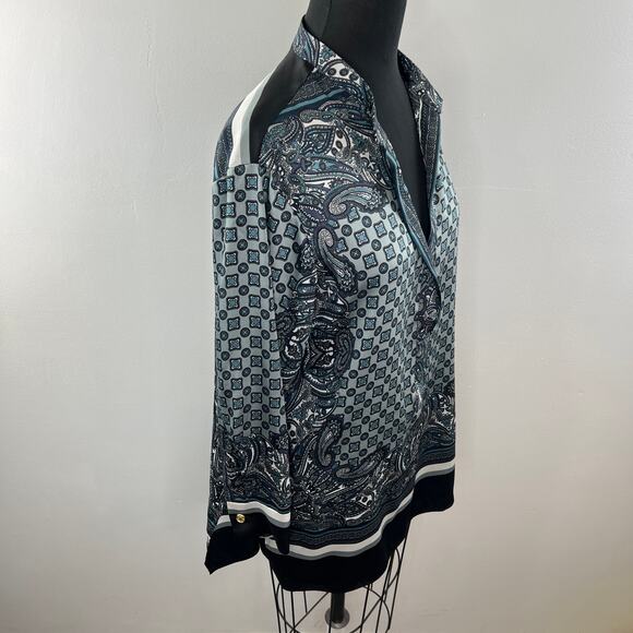 ZARA Black/Blue S Popover Blouse Paisley Print Hi Lo Hem V-Neck Long Sleeves - Picture 6 of 9